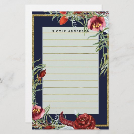 秋素朴マルサラフローラネイビーブルーモダンカスタム 便箋 (正面/裏面)