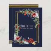 秋素朴マルサラフローラネイビーブルー日付を保存 案内ポストカード (正面/裏面)