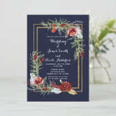 秋素朴マルサラフローラネイビーブルー金ゴールドズ結婚 招待状 (スタンド正面)