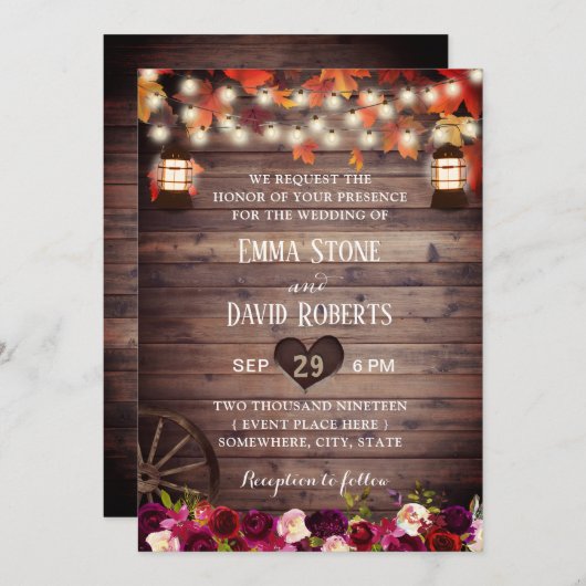 秋素朴マルサラフローラヴィンテージランタン結婚ズ 招待状 (正面/裏面)