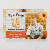 秋素朴リス水色誕生日パーティー 招待状 (正面/裏面)