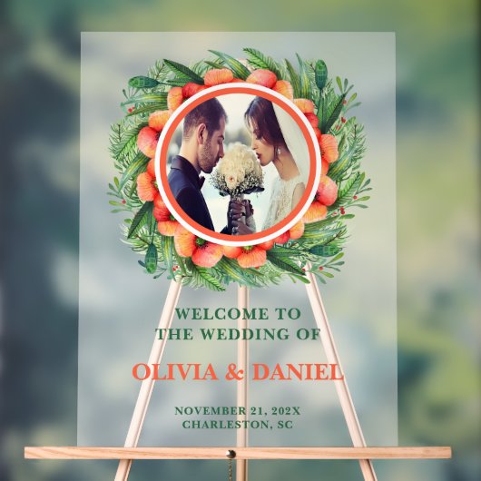 秋素朴リース写真の結婚歓迎フロステッド アクリルサイン (ニュートラル)