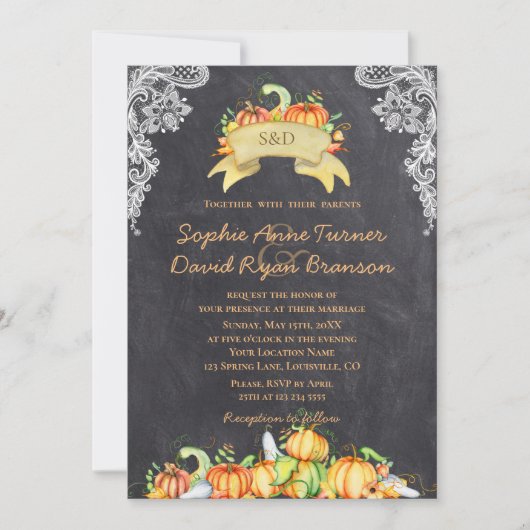 秋素朴レースパンプキンズチョーク結婚ボード 招待状 (正面)