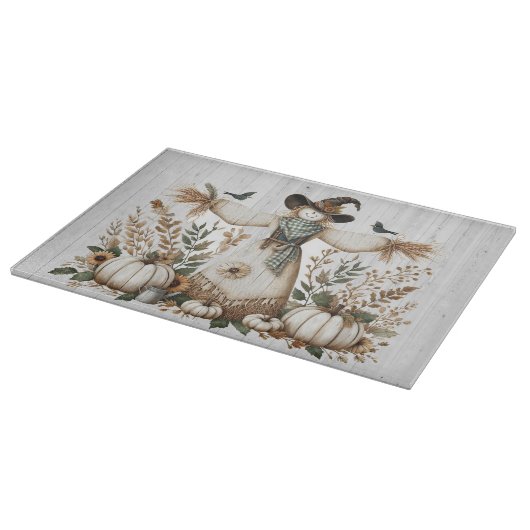 秋素朴収穫かかしとカボチャ カッティングボード (角)