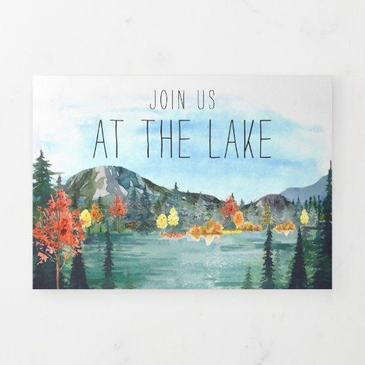 秋素朴山湖 |図解入りの、写真付きの結婚s 三つ折り招待状 (カバー)