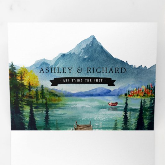 秋素朴山湖 |図解入りの、写真付きの結婚s 三つ折り招待状 (内部最初)