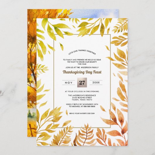 秋素朴景観 |秋の葉の感謝祭 招待状 (正面/裏面)