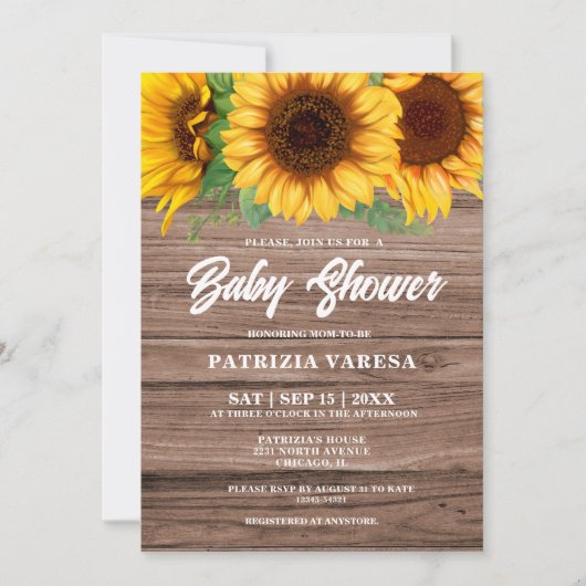 秋素朴木製ひまわり赤ちゃんシャワー 招待状 (正面)