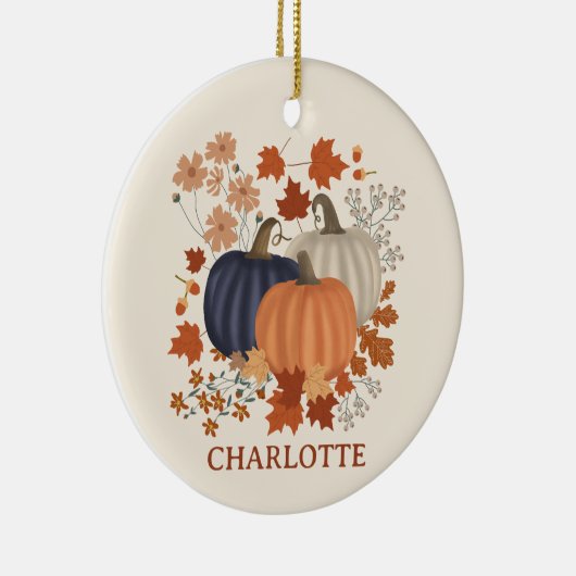 秋素朴秋かぼちゃワイルドフラワーズ名前をカスタムする セラミックオーナメント (右)