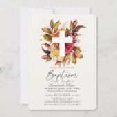 秋素朴秋のフローラホワイトクロスバプテスマ 招待状 (正面)