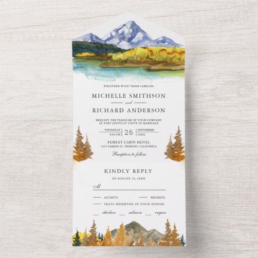 秋素朴秋マウンテンフォレストレイク結婚ズ オールインワン招待状 (内側)