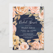 秋素朴自然フローラネイビーブルーブライダルシャワー 招待状 (正面)