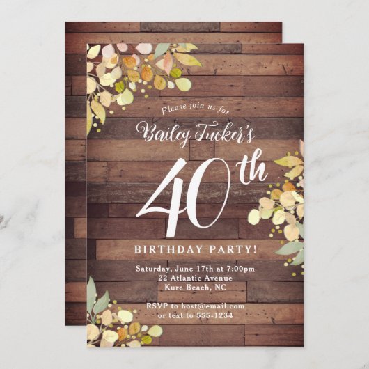 秋素朴花模様ゴールドフォイルドット40th誕生日 招待状 (正面/裏面)