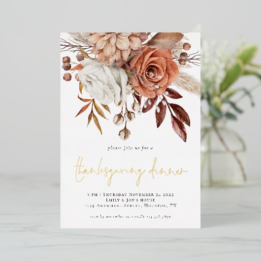 秋素朴花模様テラコッタサンクスギビング実在 箔招待状 (立ち正面)