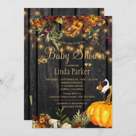 秋素朴花納木秋ベビーシャワー 招待状 (正面/裏面)