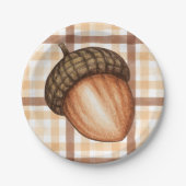 秋素朴茶色の格子状秋アコーンベイビーシャワー ペーパープレート (正面)
