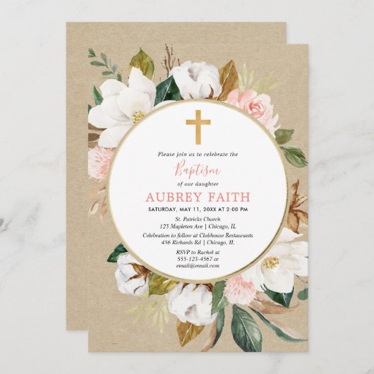 秋素朴赤面ピンク白フローラガールバプテスマ 招待状 (正面/裏面)