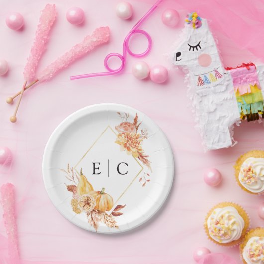 秋素朴金ゴールドフローラパンプキ結婚ンズモノグラム ペーパープレート (パーティー)