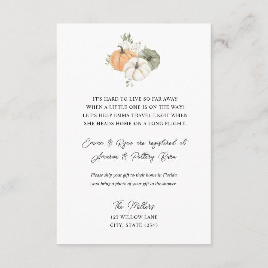 秋素朴長距離ベビーシャワーインサート エンクロージャーカード (正面)