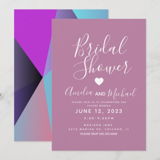 秋紫色の幾何形状ブライダルシャワー 招待状 (正面/裏面)