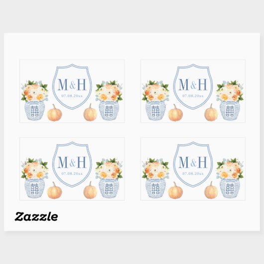 秋結婚のカボチャの青と白の紋付 長方形シール (シート)