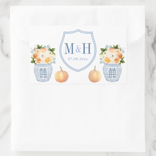秋結婚のカボチャの青と白の紋付 長方形シール (バッグ)
