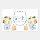 秋結婚のカボチャの青と白の紋付 長方形シール (正面)