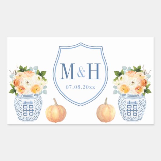 秋結婚のカボチャの青と白の紋付 長方形シール (正面)