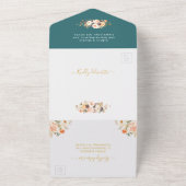 秋結婚の暗いティール（緑がかった色）金ゴールド葉フローラ オールインワン招待状 (外側)