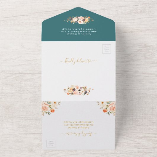 秋結婚の暗いティール（緑がかった色）金ゴールド葉フローラ オールインワン招待状 (外側)