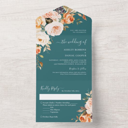 秋結婚の暗いティール（緑がかった色）金ゴールド葉フローラ オールインワン招待状 (内側)