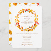 秋結婚の。秋招待。黄リース 招待状 (正面/裏面)