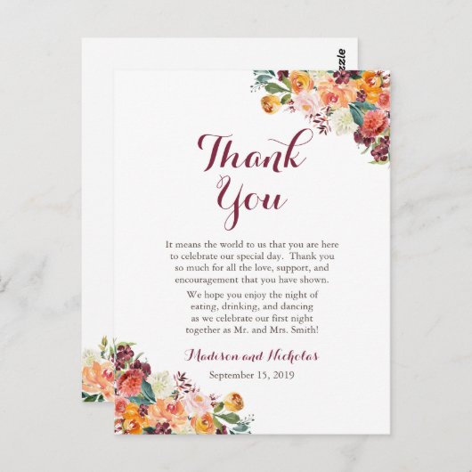 秋結婚フラワーの配置設定サンキューカード ポストカード (正面/裏面)