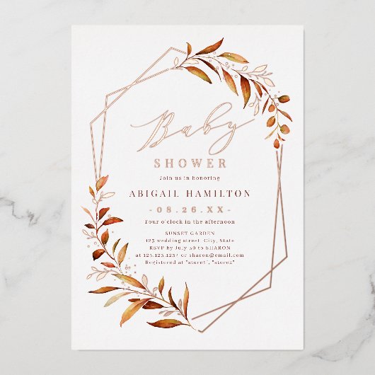 秋緑色幾何学赤素朴ちゃんシャワー 箔招待状 (正面)