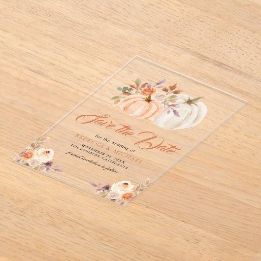 秋自然フローラカボチャ結婚式の日付を保存 アクリル招待状 (レイダウン)