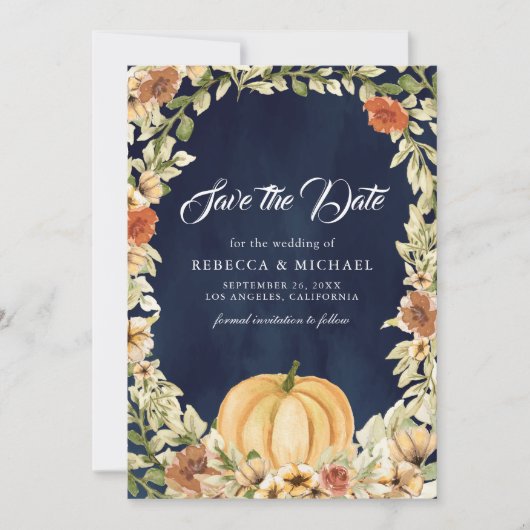 秋自然フローラパンプキンネイビーブルー結婚ズ セーブザデート (正面)