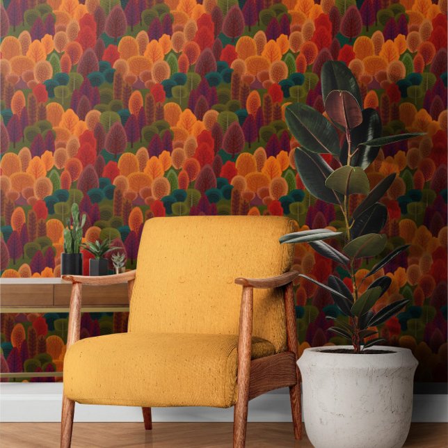 秋色さびた赤緑とオレンジの木柄 壁紙 (Autumnal Rusty Red Green and Orange Tree Pattern Wallpaper from Ricaso. Stunning bold wall decor.)