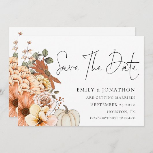 秋花模様カボチャQRコード結婚ズ セーブザデート (正面/裏面)