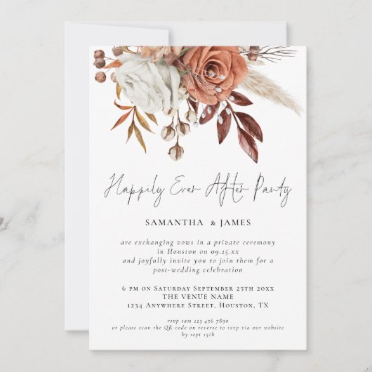 秋花模様QRパーティーの後ずっと幸せ結婚に 招待状 (正面)
