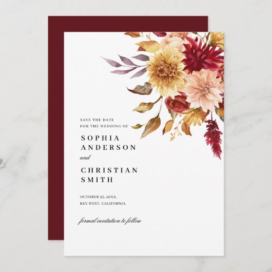 秋花結婚式の日付カードを保存 招待状 (正面/裏面)