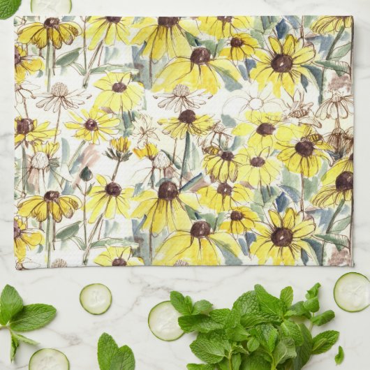 秋花黒い目のササンズワイルドフラワーガーデン キッチンタオル (折り畳み)