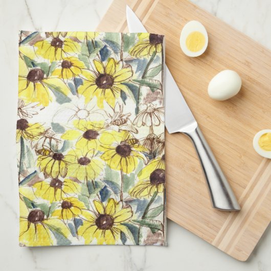 秋花黒い目のササンズワイルドフラワーガーデン キッチンタオル (四つ折り)