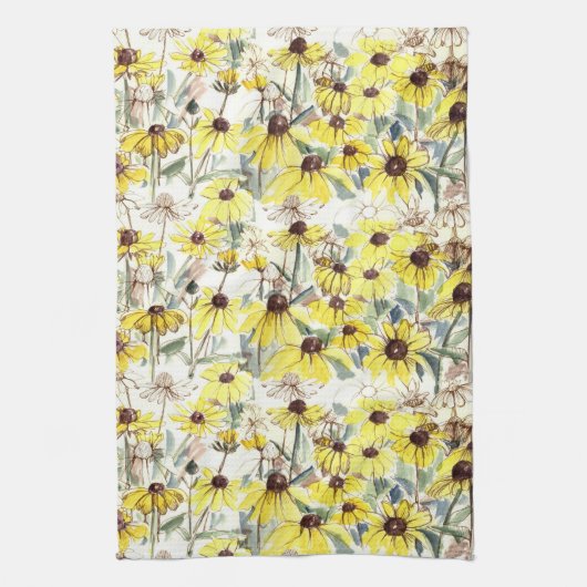 秋花黒い目のササンズワイルドフラワーガーデン キッチンタオル (縦)