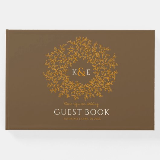 秋茶色の白いオレンジ色の葉モノグラム結婚の ゲストブック (正面)