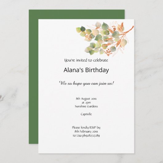 秋要素エレガント誕生日招待状 招待状 (正面/裏面)