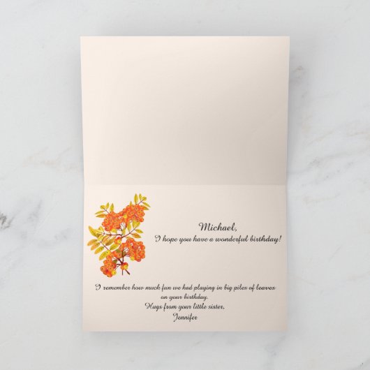 秋誕生日カード彼のパーソナライズされたメッセージ カード (内部)