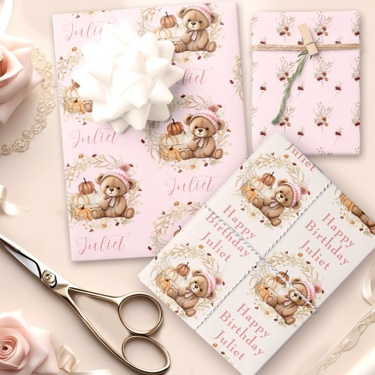 秋誕生日ガールキュートベアーワイルドフラワーカンプキンス ラッピングペーパーシート