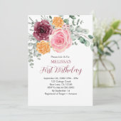 秋誕生日ガールブルゴーニュ赤面ピンクフローラ 招待状 (スタンド正面)