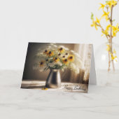 秋誕生日フラワーブーケオンレース カード (黄色い花)