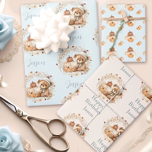 秋誕生日ボーイキュートベアーパンプキンズブルーベージュ ラッピングペーパーシート